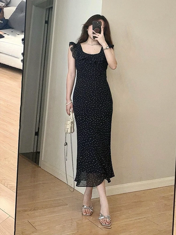 Hebe Sle Polka Dot Chiffon Dr Femmes Été Grande Taille Belle Taille Cinched Jupe Longue Français Sle Taille Haute A-Line...