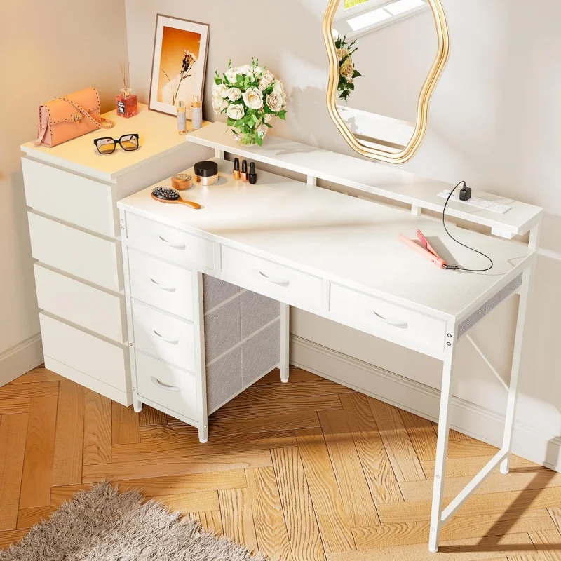 Gaming Desk with 6 Drawers, Computer Desk with LED Lights Power Outlets and Type-C, 39 Inch Office Desk with Storage, Monitor St