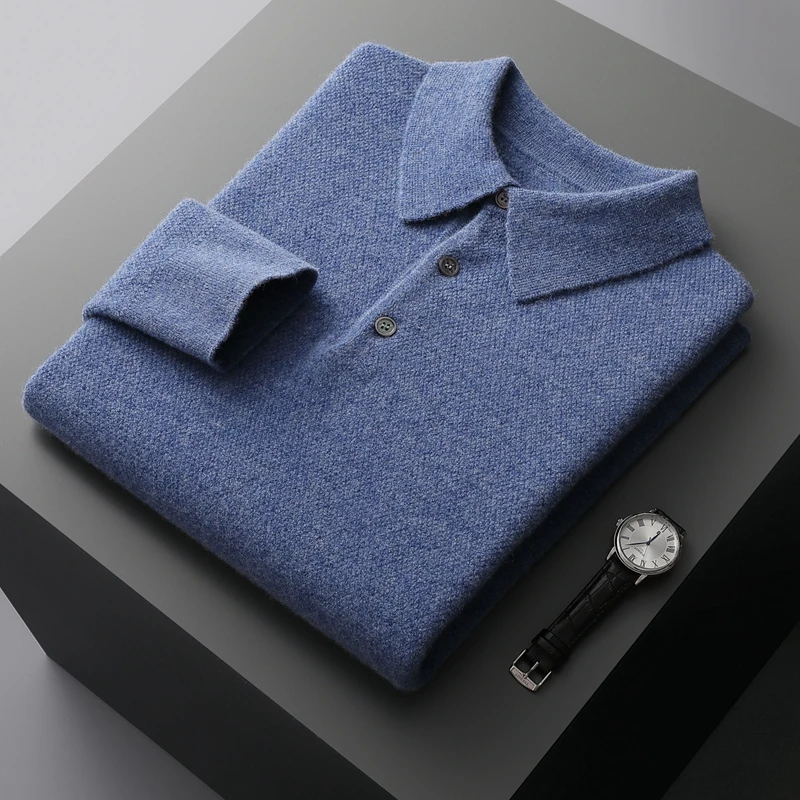 Autumn and winter POLO neck long sleeve solid color cashmere sweater men's high-end business new 100% pure wool knitted sweater