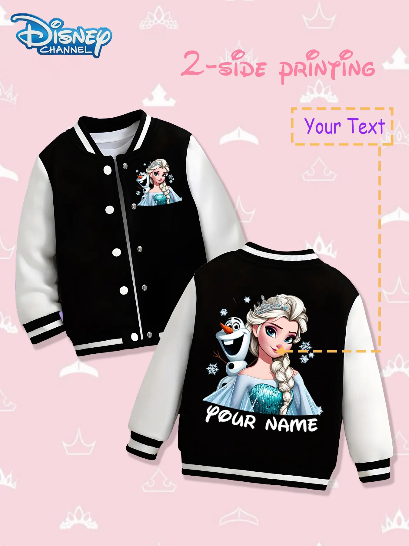 

MINISO Disney Elsa Fun Kids Baseball Jacket - Double-sided prints of Elsa and Olaf's joyful scenes create an atmosphere of ice a