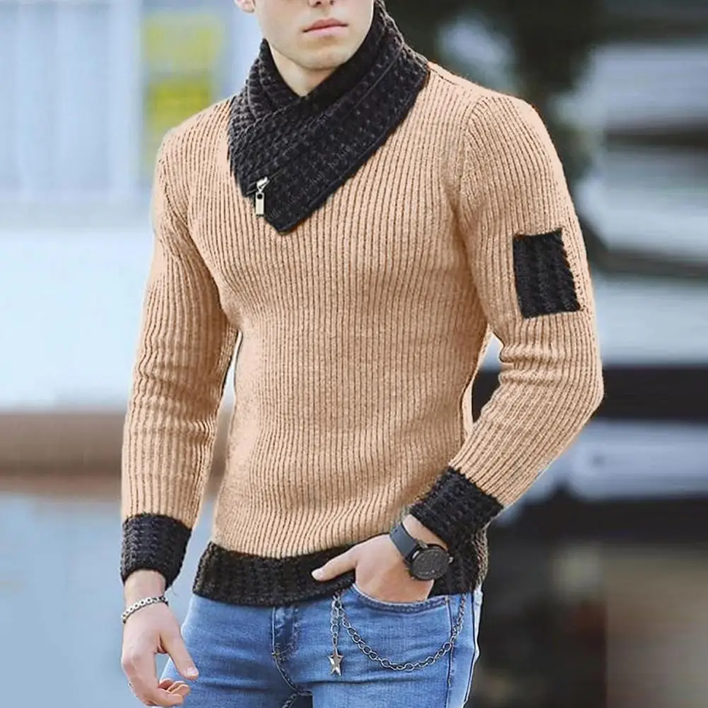 2025 MEN Knitted Sweater Long Sleeve Scarf Collar Men Sweater Color Block Slim Fit Casual Slim Fit V Neck Pullover Sweater