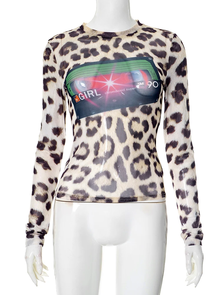 Whatiwear Mode Imprimer T-Shirts Femmes Sexy Léopard o-cou À Manches Complètes Skinny Stretch Hottie Sauvage Rue Tendance Classique Tenues
