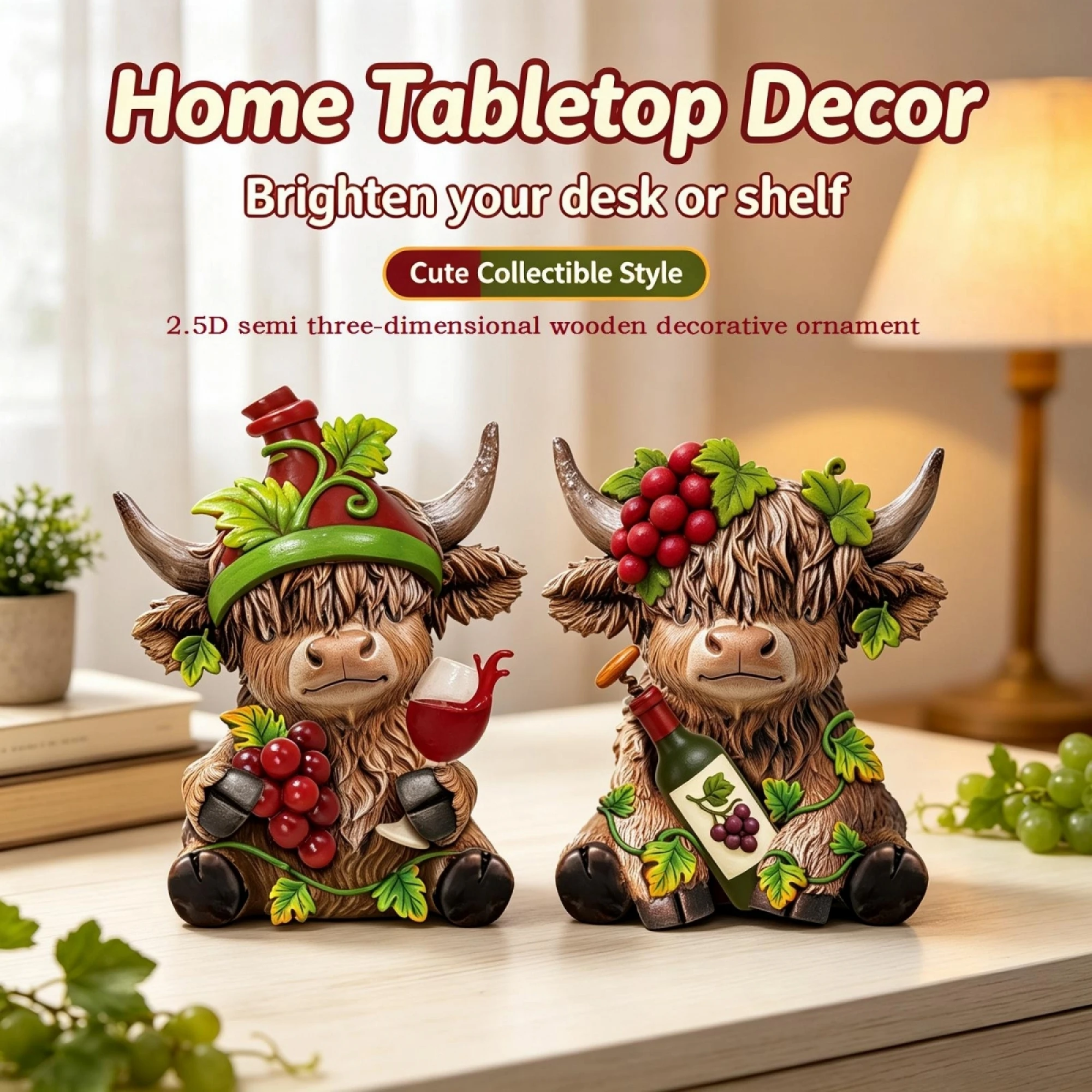 2 Pcs Highland Cow Figurines Wooden Wine Animal Statue Desk Decor