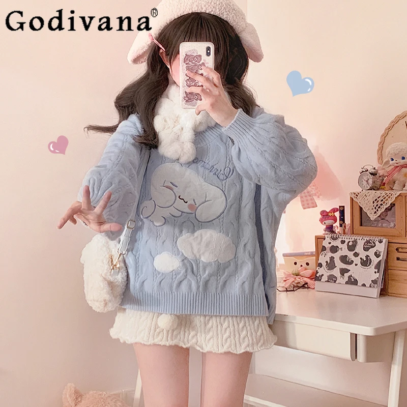 Autumn Winter Fashion Jacquard Cartoon Kawaii Sweater Girly Sweet Y2k Student Loose Slim Blue Elegant Jumpers Women Pullover