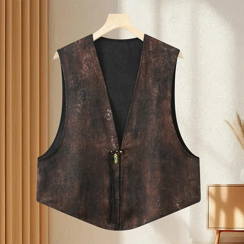 Vintage Women's Chinese Style Floral Print Vest Retro V Neck Frog Button Satin Loose Fit Traditional Waistcoat For Spring Autumn