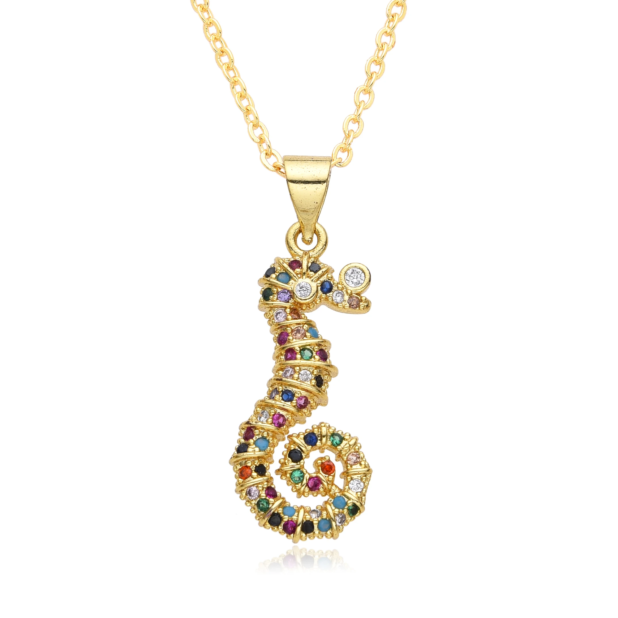 Punk Cute Colorful Seahorse Animal Charms Gold Color Inlaid CZ Necklace for Women Choker Pendant Jewelry Making DIY Accessories