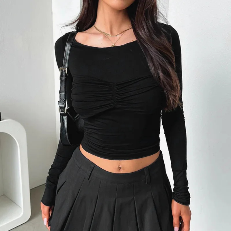 Pleated Casual Long Sleeve T-shirt Top Female Slim Cropped Patchwork Solid Fashion High Waist Pullover Women's Summer Tee