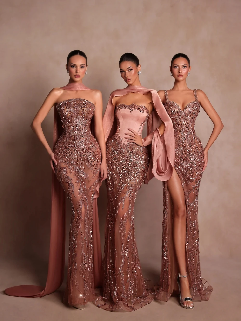 Elegant Blush Pink Strapless Mermaid Evening Gown Beaded Sexy Sheer Tulle Skirt & Detachable Organza Cape Customized Prom Dress