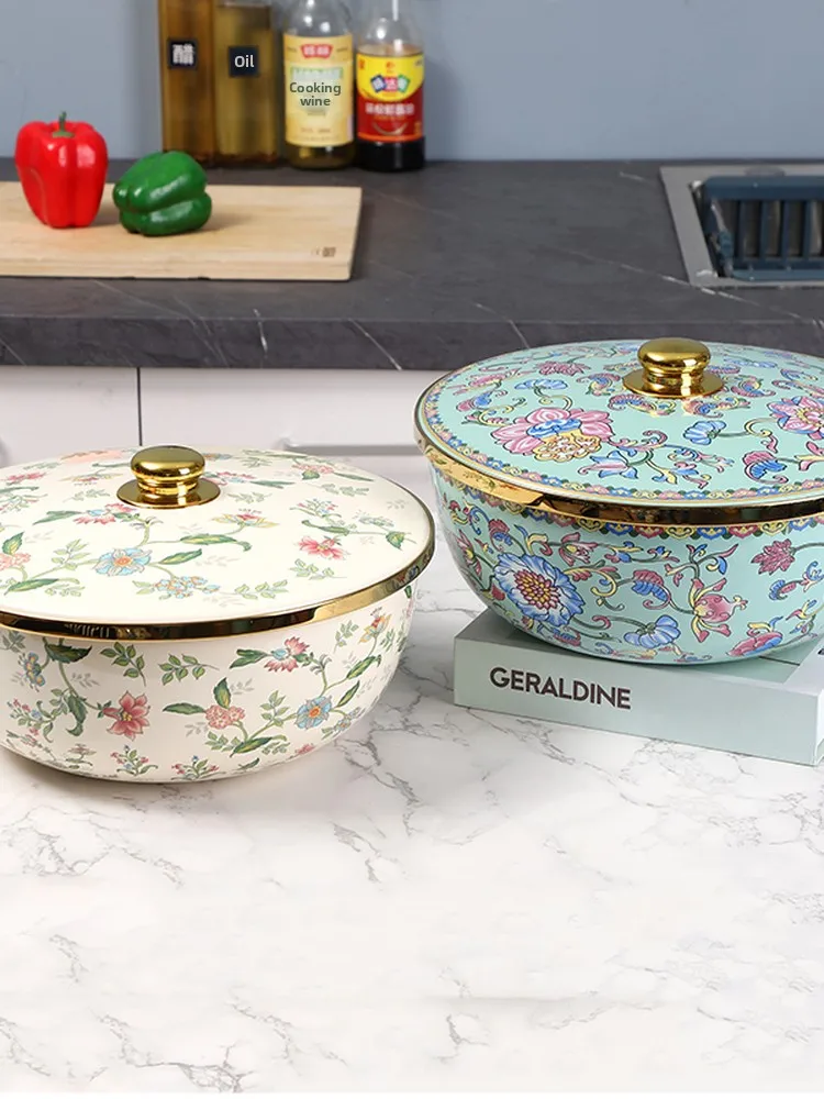 Thiened Enamel Bowl with Lid Retro Sle Chinese Herbal Medicine And Pork Fat Basin Fly Use Dining Utensils round ape