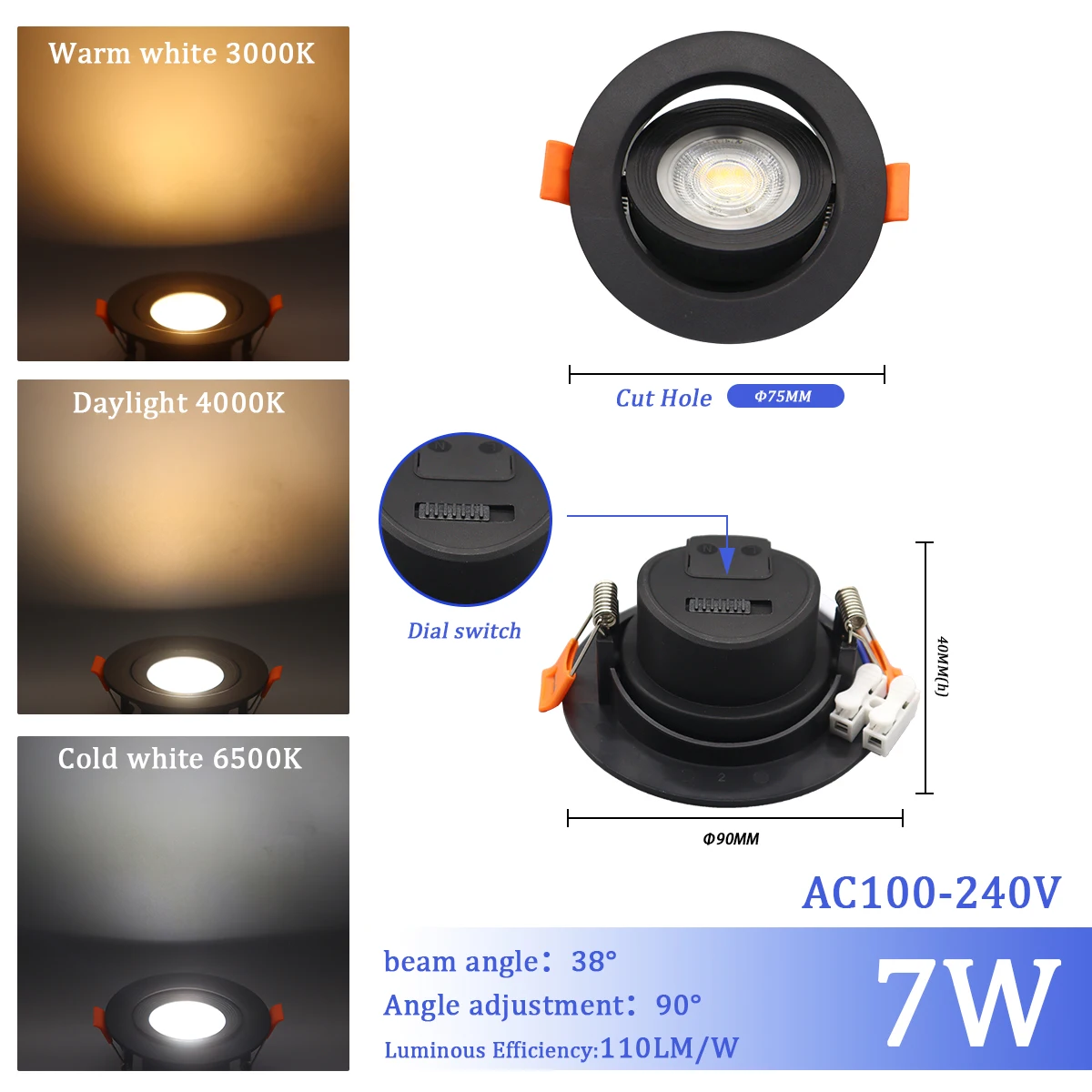 1-10 stks 7 W 3 CCT LED Kleur veranderen 3000 K 4000 K 6000 K LED Plafondspot ingebed licht AC 110 V 220 V Aanpassen 90 °   verlichting Spot