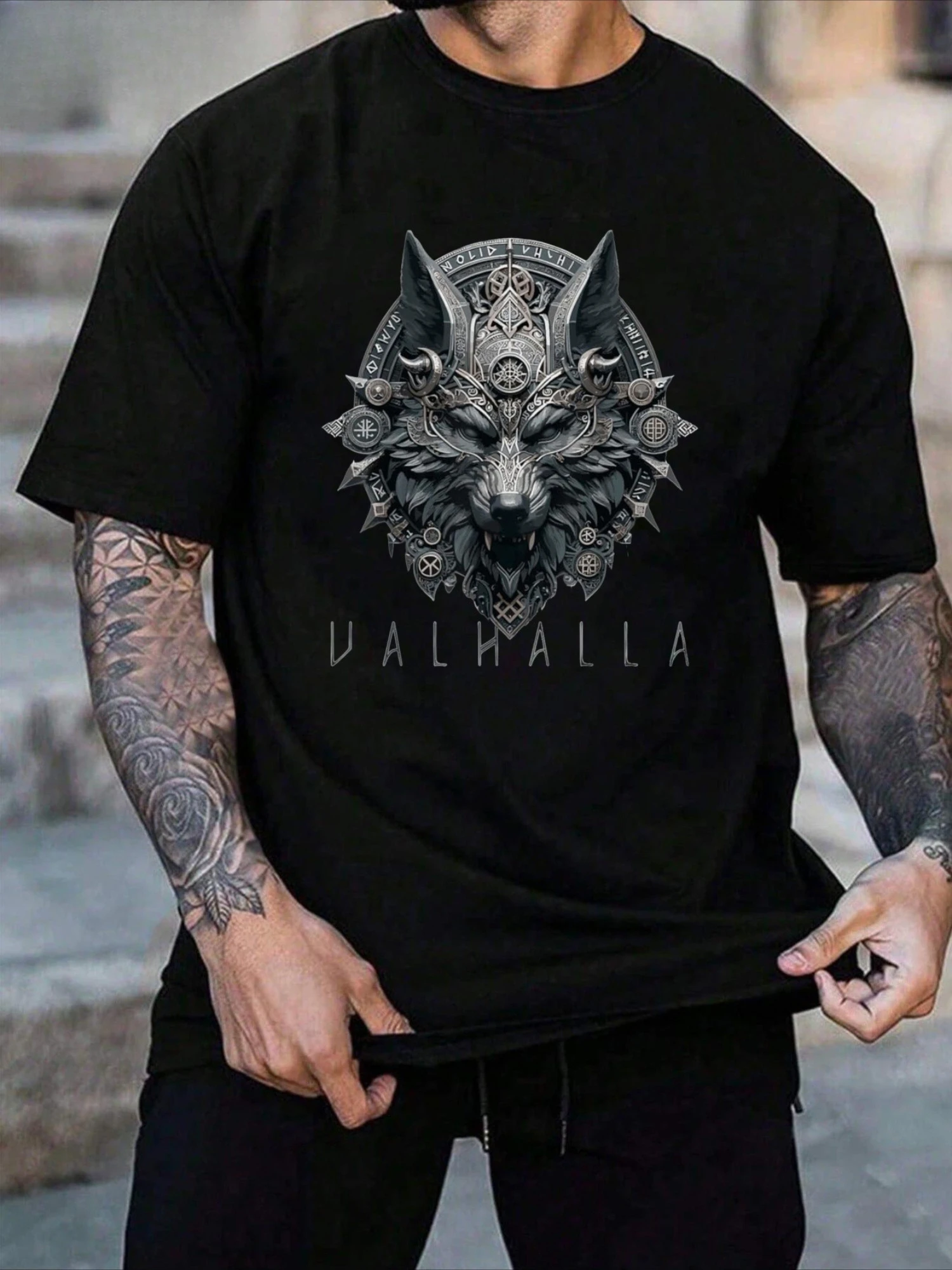Summer New Men's Viking Wolf Head Pattern Printed T-Shirt Nordic Valhalla Design Soft and Breathable Round-neck Sports Men Shirt