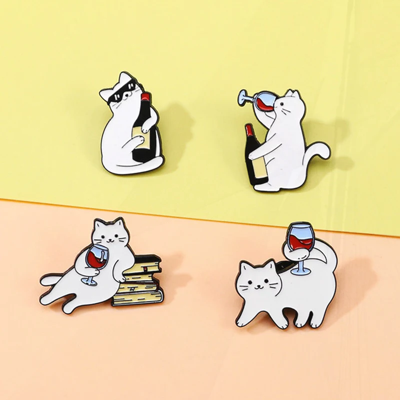 Book Sunglass Cute Whiskey White Cat Creative Animal Metal Badge Punk Lapel Brooch Jewelry Gift Cartoon Red Wine Cat Enamel Pin