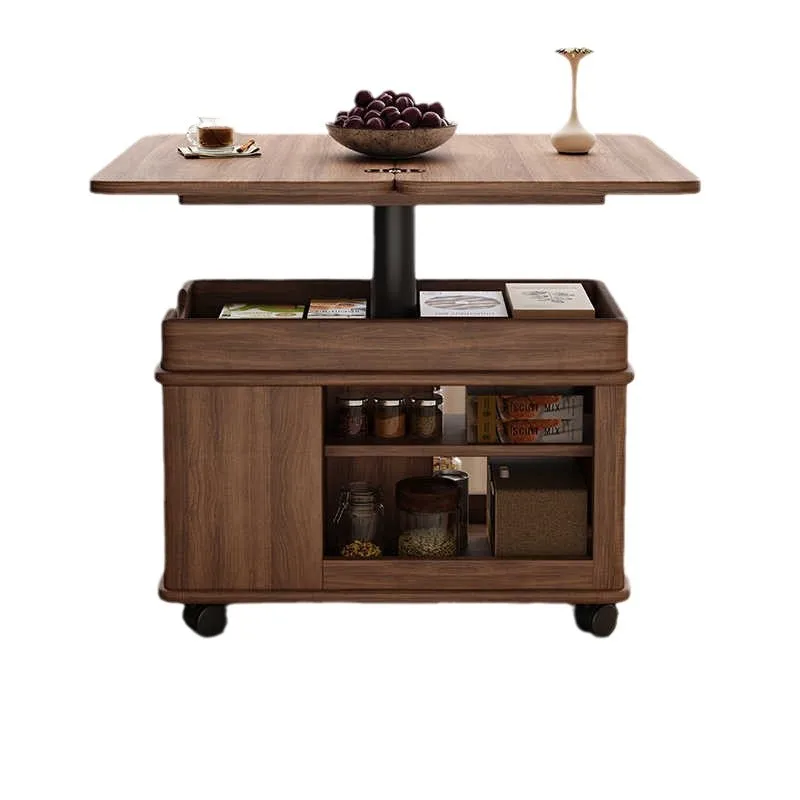 

Medieval style household walnut all-solid wood coffee table small apartment mobile coffee table cart lifting and folding storage