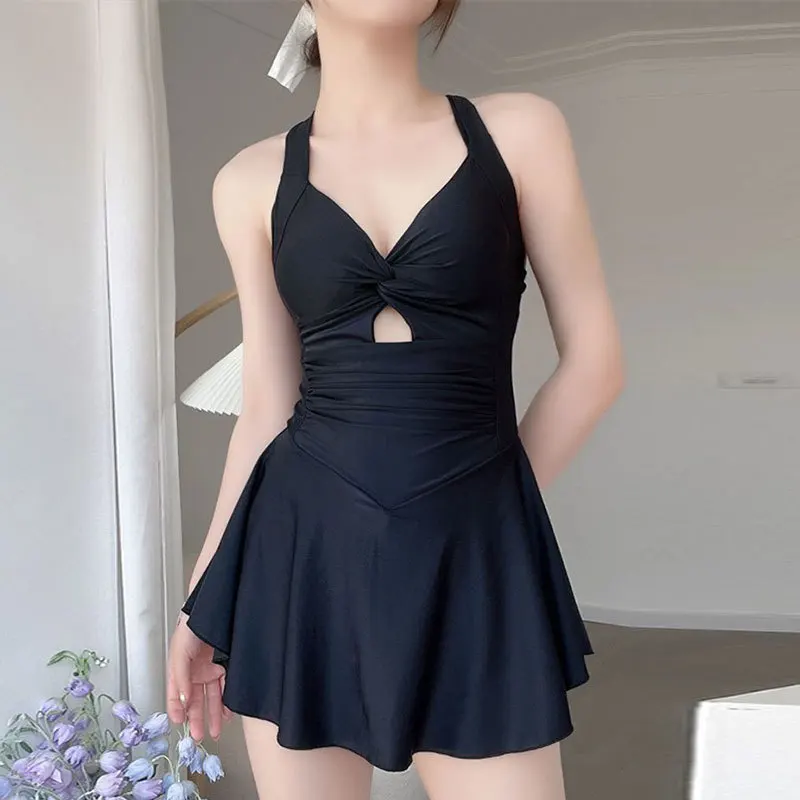 sexy Korean fashion conservative swimsuit one piece wrinkled cross mini dress culottes black and grey bikinis padded swimwear