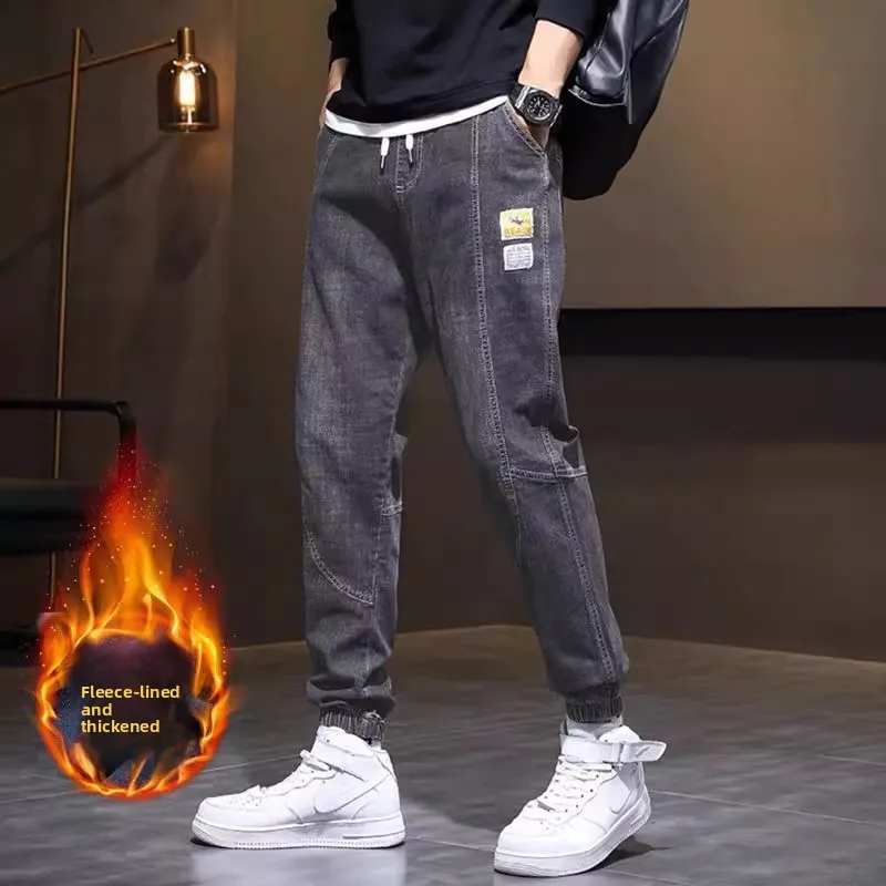 Men's Fleece Lined Jeans Loose Fit for Workwear Autumn Winter Wear Resistant Dirt Proof Long Trousers Casual Straight Leg Jeans