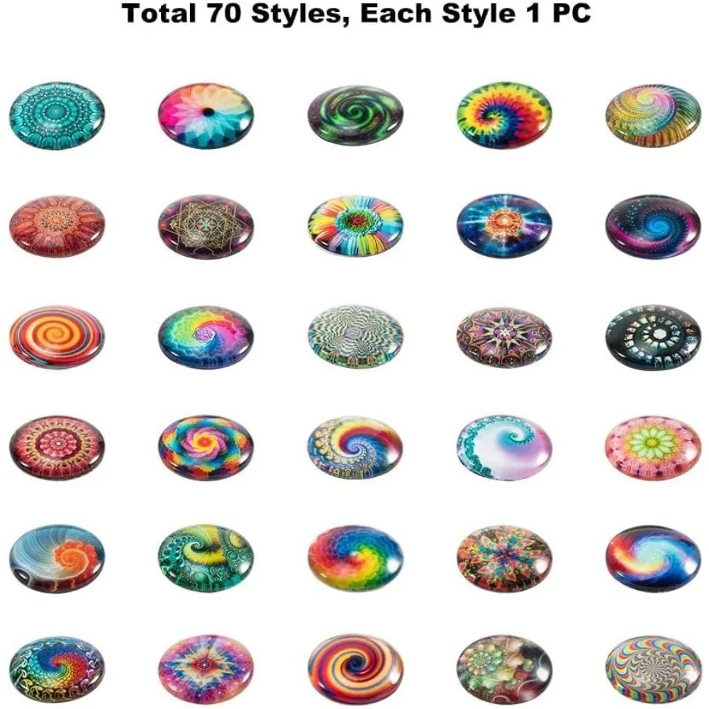 70pcs 70 Styles Swirl Glass Cabochons Colorful Rainbow Half Round Tiles 25mm Kaleidoscope Glass Cabochons Dome Gems for Photo