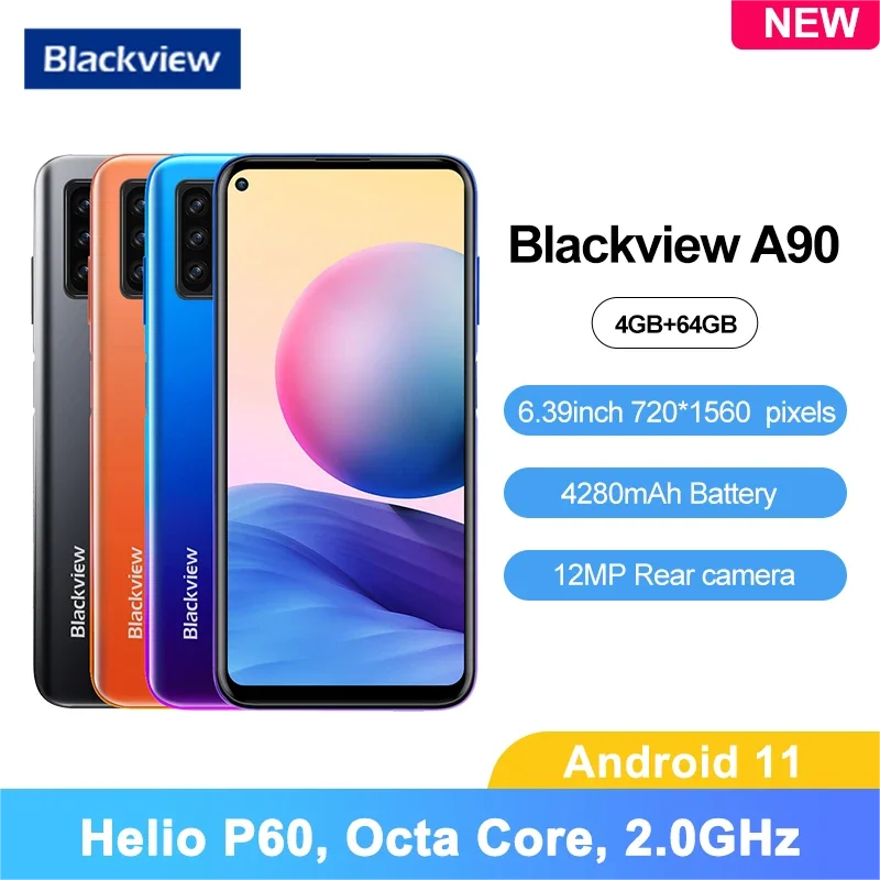 

Blackview A90 Mobile Phone 4GB+64GB Helio P60 Octa Core 4280mAh 6.39 Inch 12MP HDR Camera Android 11 Fingerprint Smartphone 4G