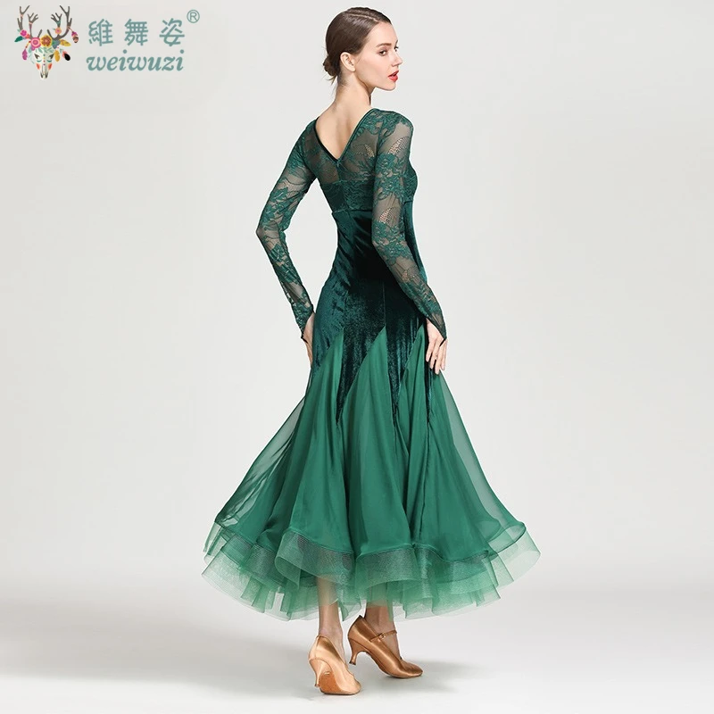Traje de performance de dança moderna, vestido de renda de manga comprida, dança social feminina, padrão nacional, vestidos de competição de valsa