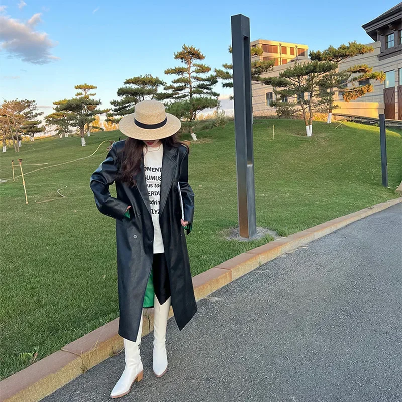 2023 frühling Vintage Schwarz Zweireiher Lange Faux Leder Winddicht Mantel Revers Langarm Weibliche Motorrad Jacke Streetwear