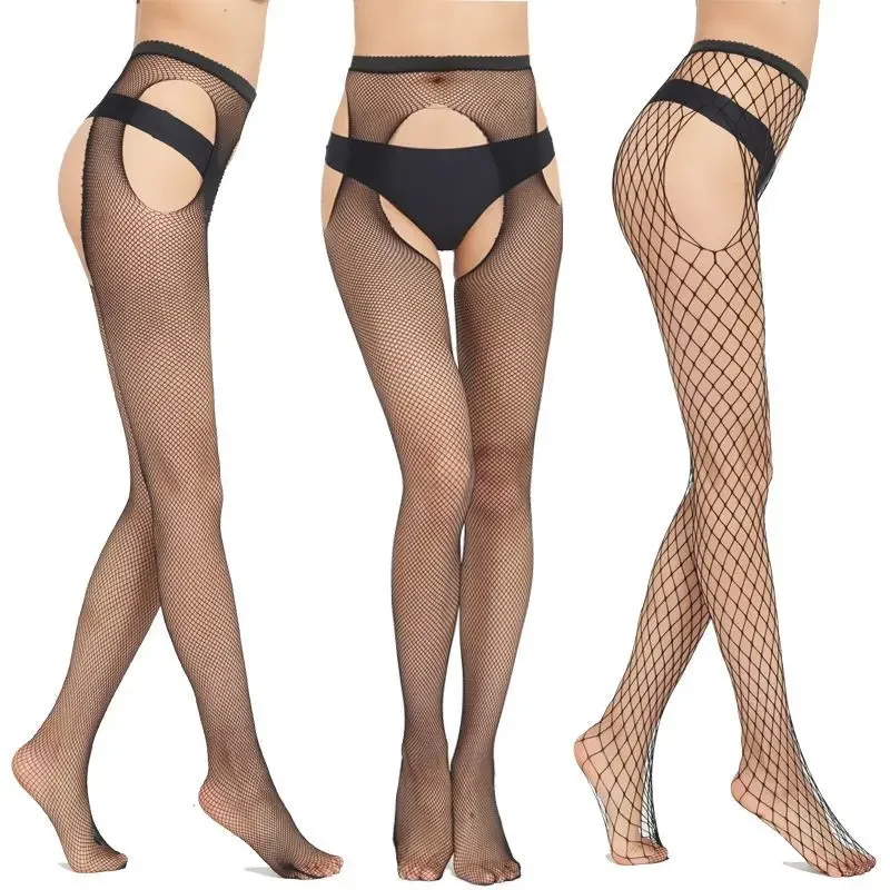 Mulheres sexy aberto virilha anime collants peixe net meia-calça coxa joelho alto longo corpo meia traje preto malha fishnet adulto meias