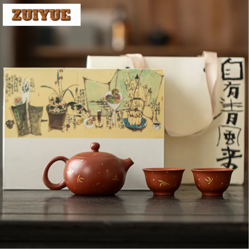 

Purple Clay Gold Drawing Tea Set Complete Set Antique Tea Ceremony Set Household Teapot And Tea Cup Set Teaset Ornaments Craft