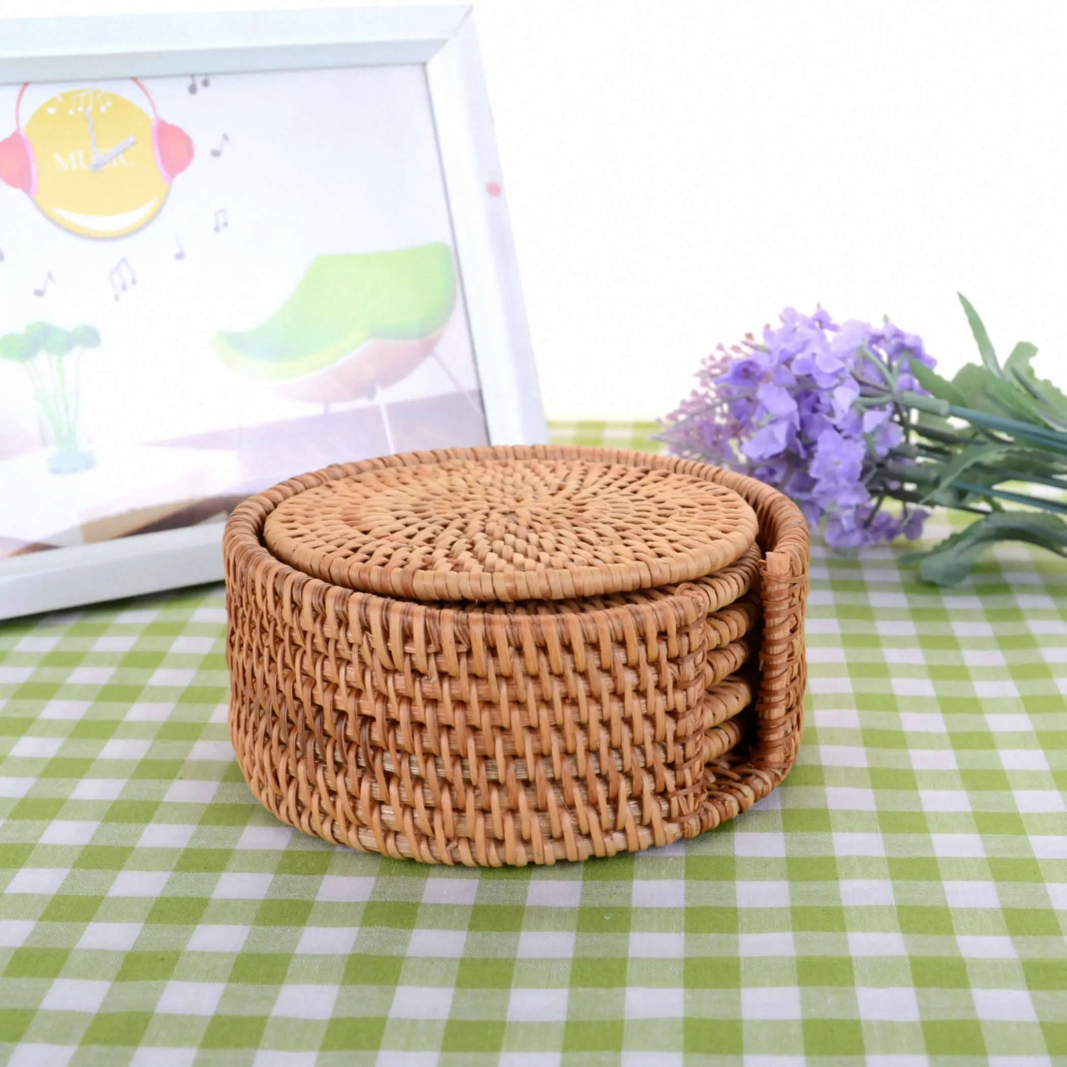 Bamboo Coaster Tea Insulation Mats Set - 6x Round Rattan Mats -M 10cm With Frame