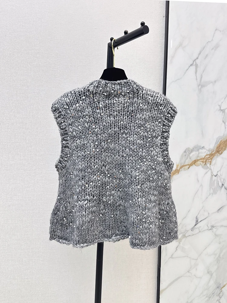 Spring Summer Fashion Grey Simplicity Sequins Weave Waistcoat Women's Stand Collar Sleeveless Single Breasted Flounces Hem Coat
