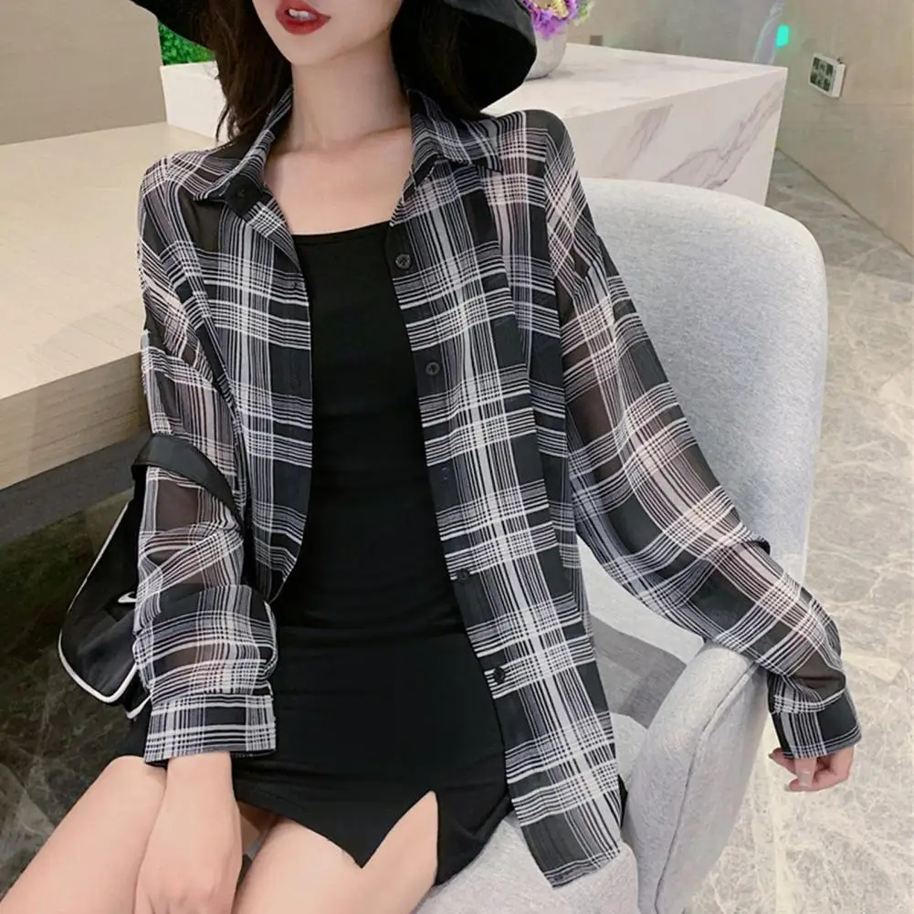 Atmungsaktive Frauen Top leichte Plaid Print Damen hemd locker sitzen Langarm Einreiher Revers Kragen Sommer Strickjacke