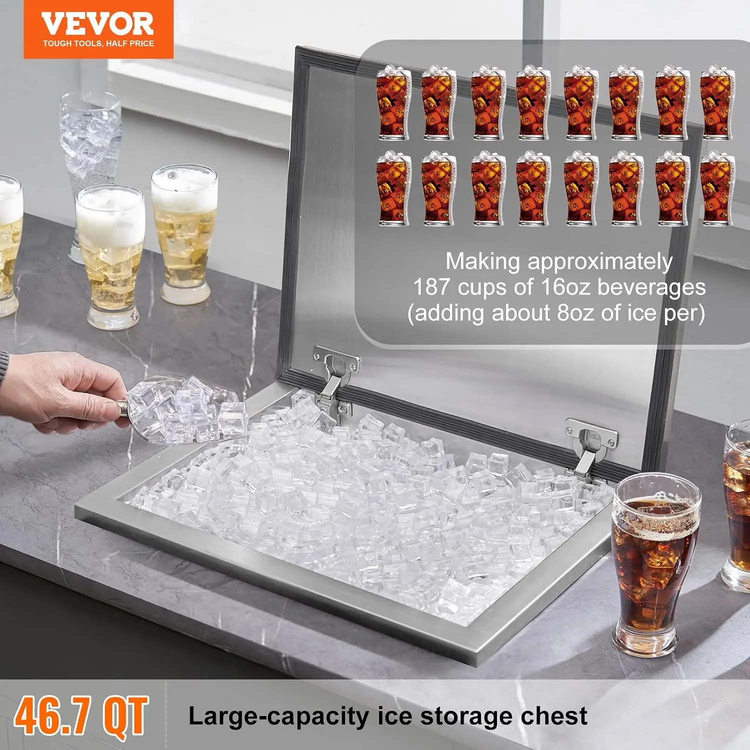 Ice Bin Cooler Chest Stainless Hinged Lid Drain Pipe Plug 40 Quart Storage