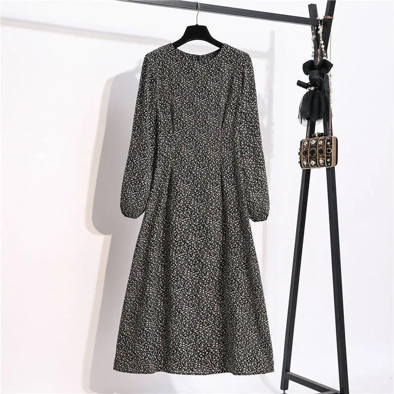 

2023 New Spring and Autumn Fashion Commuter Casual Simple Round Neck Printed Waist Fit Elegant and Calf Long Sleeve Dress