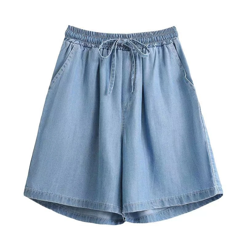 Women Black Short Jeans Pant 2024 Summer Drawstring Bandage Elastic Waist Loose Straight Blue Casual Streetwear Denim Shorts New