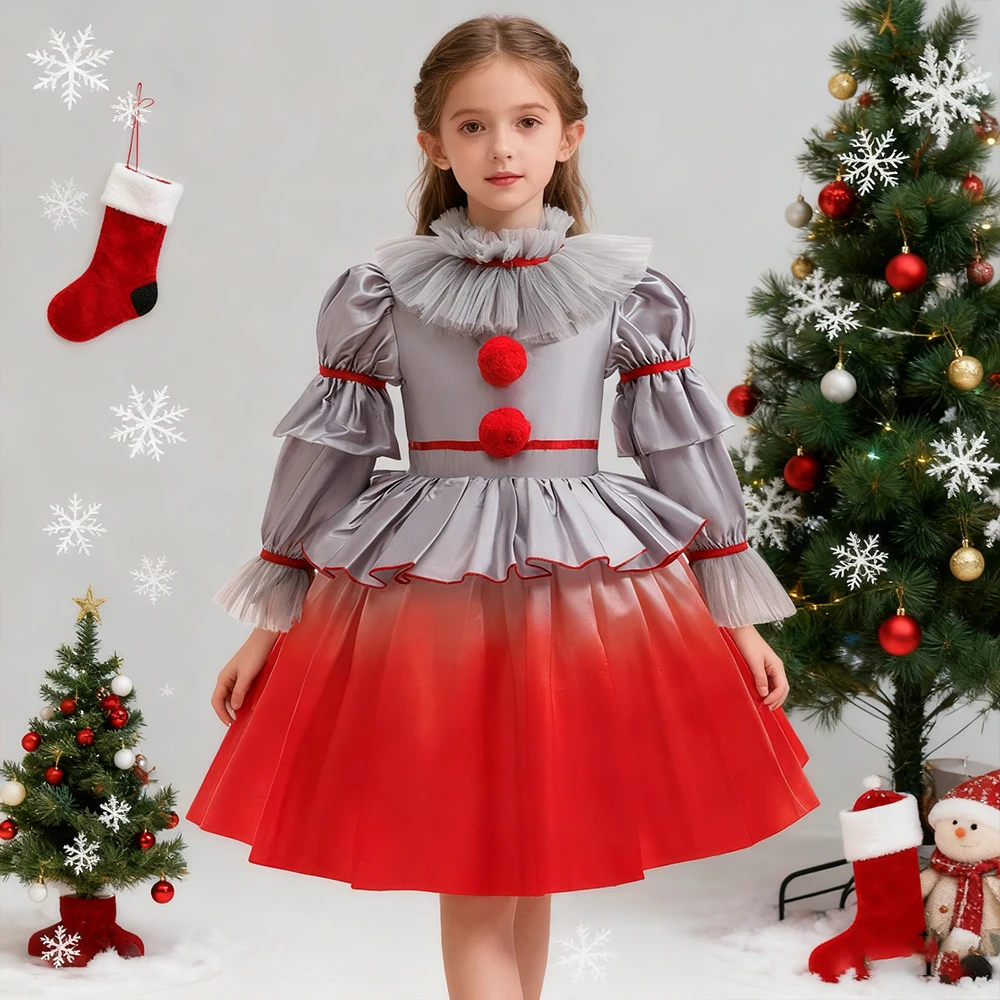 

Children Christmas Costume Long Sleeve Dress For Xmas Clothes Horror Joker Cosplay Dress Clown Perform Outfit Halloween Carnival