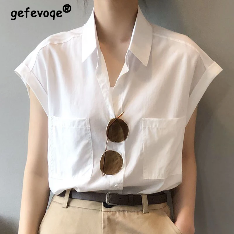 

Women Vintage Simple White Button Up Shirt Summer Trendy Short Sleeve Loose Chic Blouse Y2K Streetwear Cotton Tops Blusas Mujer