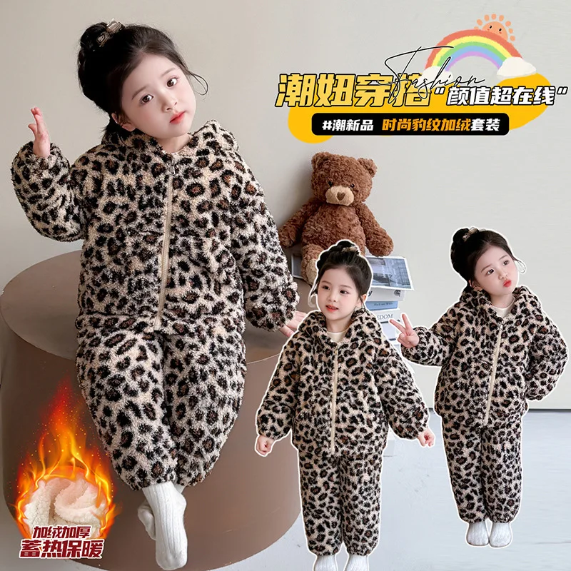 

Kawaii Girl Fashion Pajama Set Student Winter Cartoon Casual Leopard Print Fleece-Lined Keep Warm Tops Pants Children's Clothing