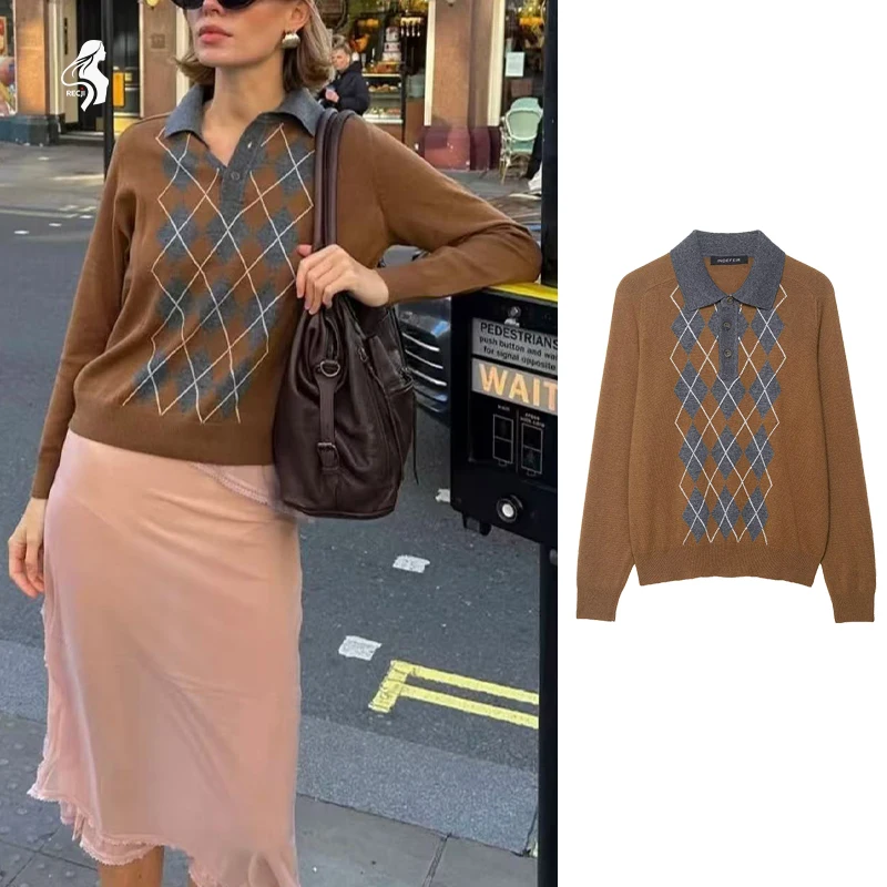 

Womens Fashion Knit Sweater Diamond Pattern Polo Collar Long Sleeve Trendy Versatile Knit Casual College Style Outfit