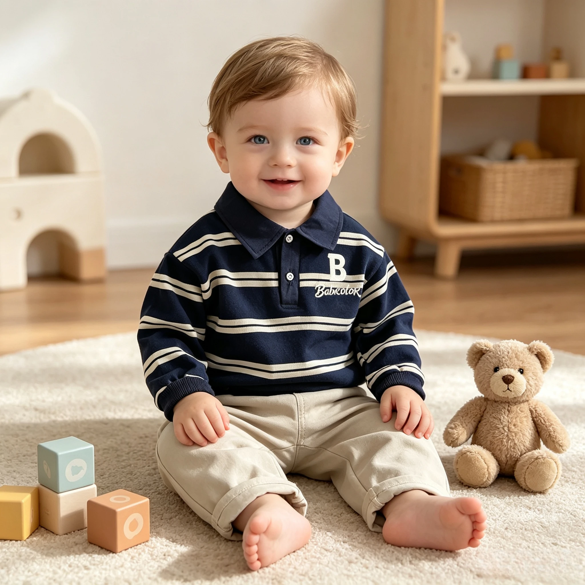 Kids Preppy Spring Tracksuit, Navy White Striped Long Sleeve Polo Top Matching Elastic Waist Casual Trousers