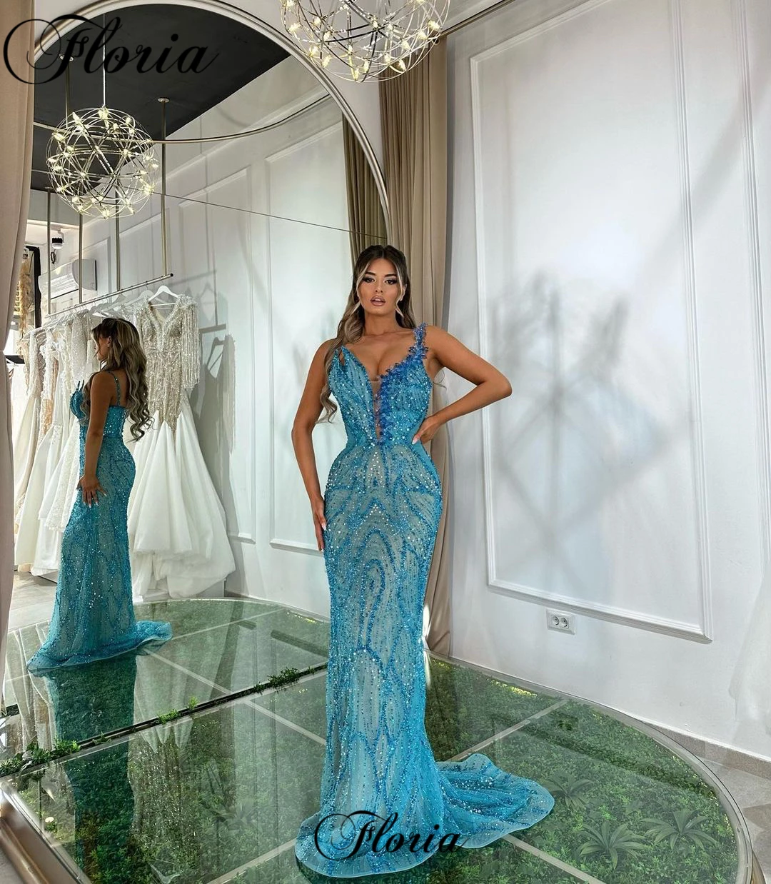 Blue Beaded Celebrity Dresses 2023 Mermaid Designer Prom Dresses Long Crystals Grand Evening Party Gowns Vestidos De Noche