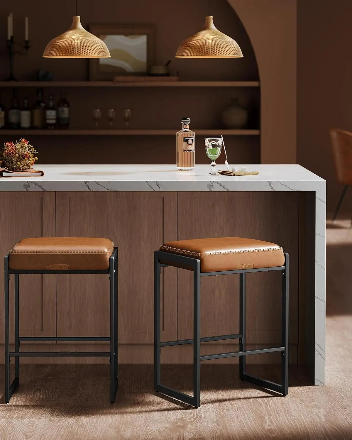 Synthetic Leather Bar Stools Set Of 2, 26 Inch Counter Height Barstools With Stitching, Mid Century Modern Bar Chairs For Kitchen Island, Home Bar, Dining Room, Caramel Brown view 5