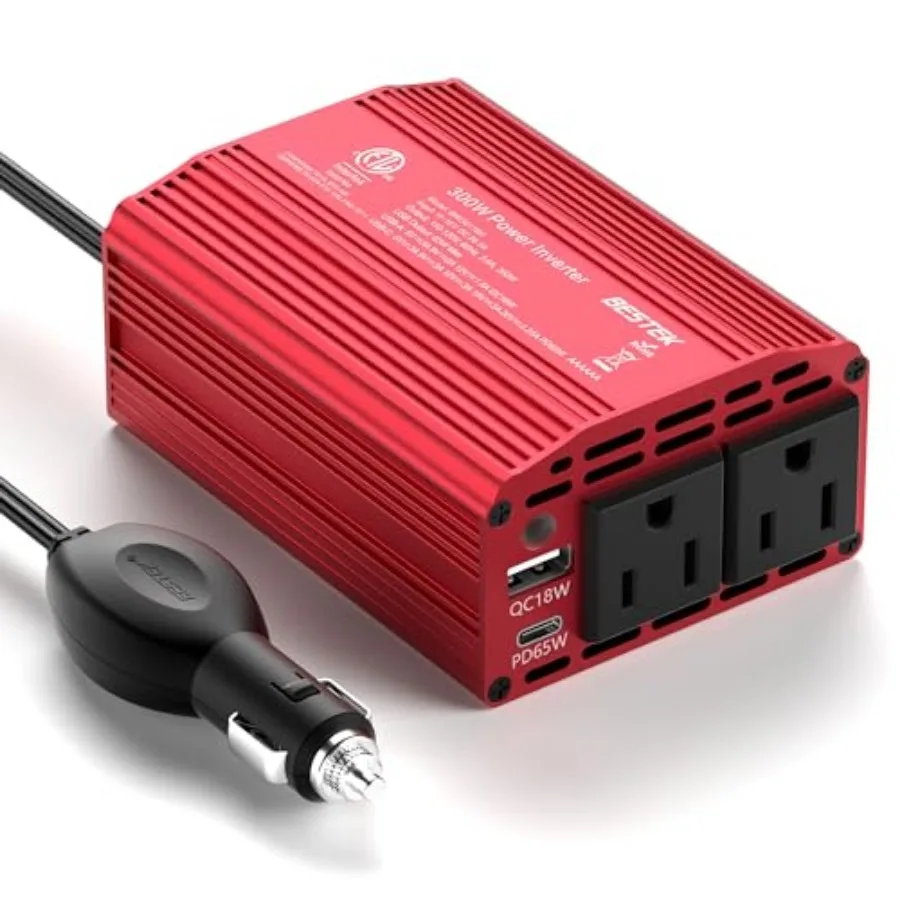 

300W Car Power Inverter with 65W USB-C and QC3.0 Ports - 12V DC to 110V AC Converter for Vehicles with Multi-Protection - Red