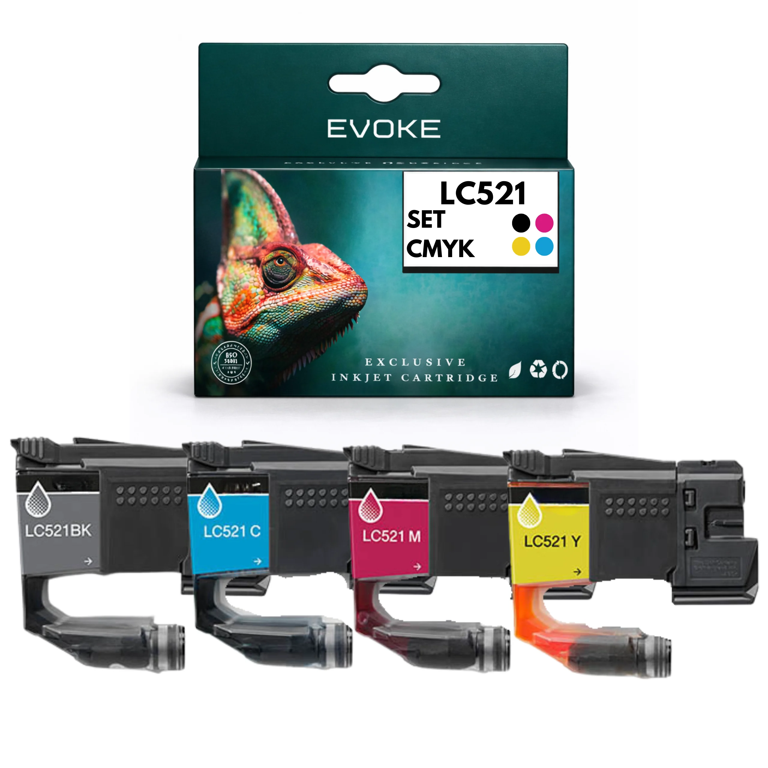 Evoke Compatibele Inkt voor Brother Lc-521 Lc521 4X Cmyk: Zwart, Cyaan, Magenta, Geel 38 ml Dcp-J1260W J1310Dw J1313Dw J1360Dw J1460Dw