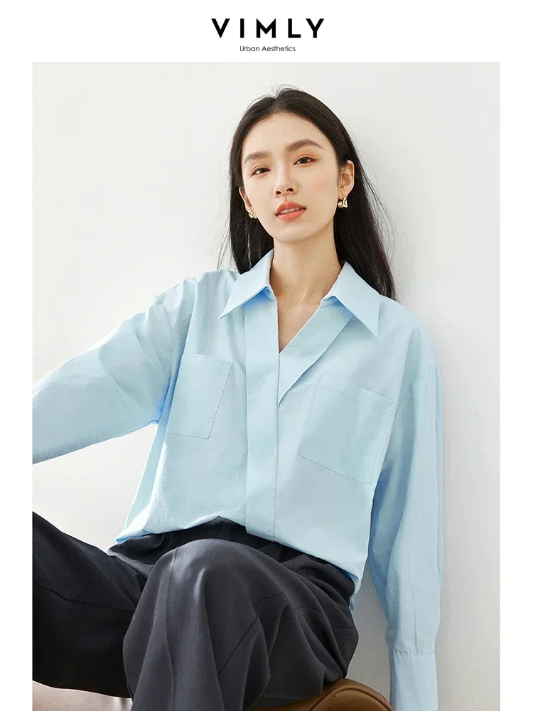 Vimly Blue Polo Shirts & Blouses Cotton 100% Pullover Long Sleeve Tops for Woman 2023 Autumn Casual Loose Women\'s Clothing M5053