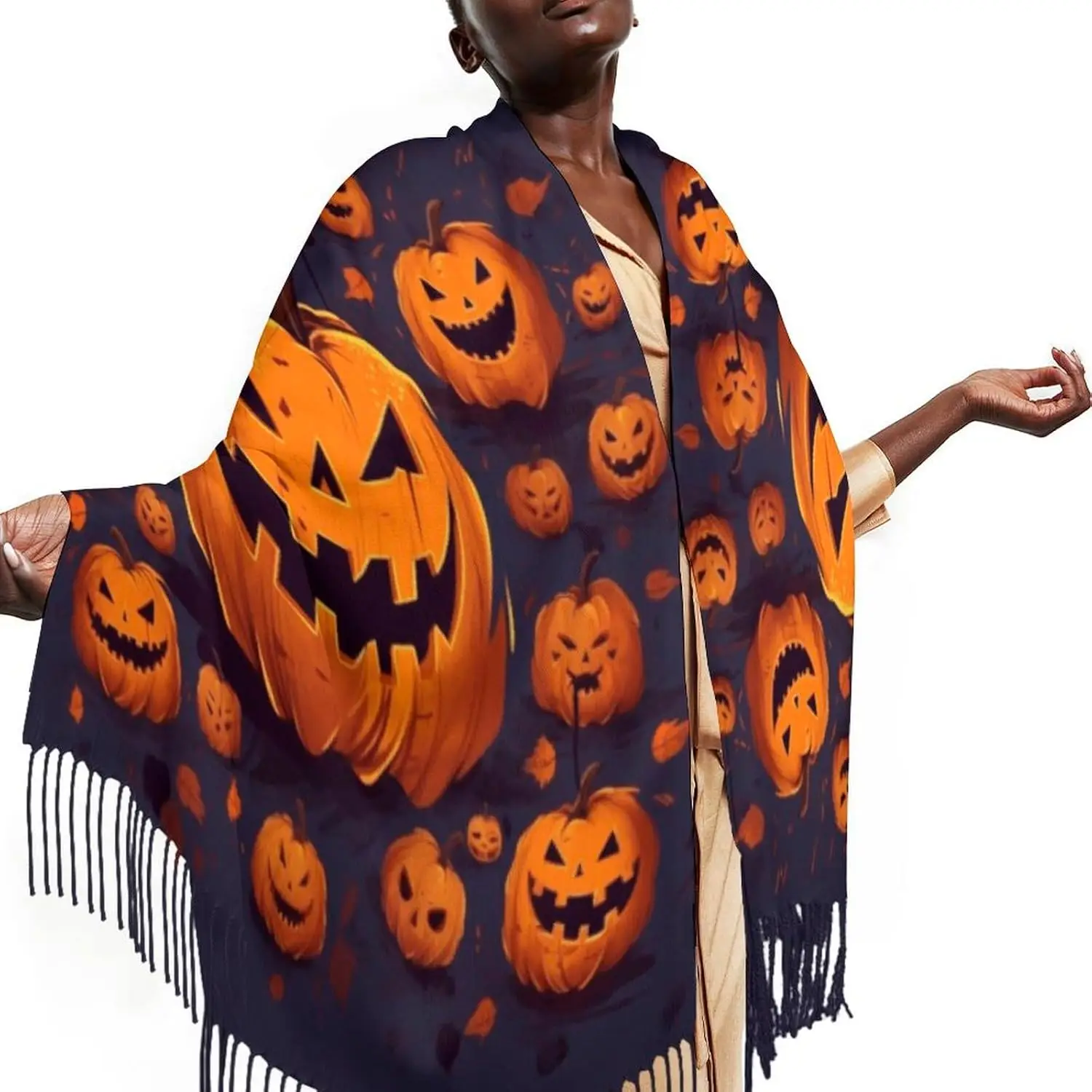

Шарф с кисточками, шарф с кисточками с принтом тыквы на Хэллоуин, женский осенне-зимний шарф, теплый шарф-одеяло