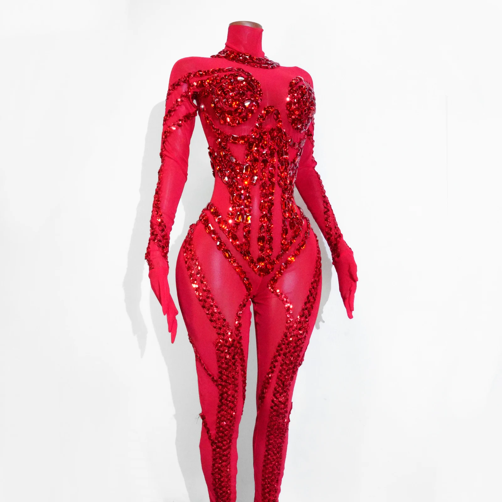 جديد أحمر مثير البريق كامل شبكة كريستال بذلة امرأة فاخرة الترتر جوجو نادي الرقص Dj حفلة عيد ميلاد يوتار سحب الملكة وتتسابق