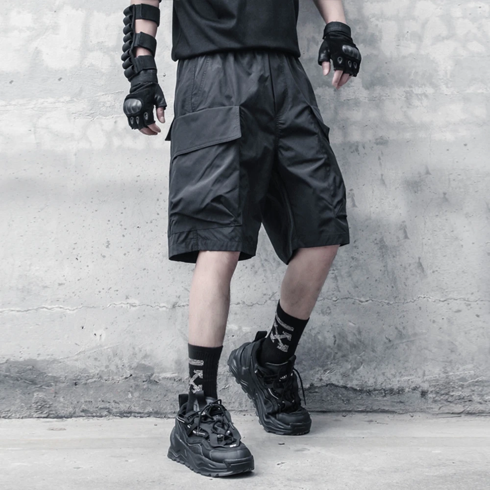 AOGZ Hip Hop Big Pockets Elastic Waist Knee Length Pants Cargo Shorts Men Summer Outfit Harajuku Loose Oversized Casual Shorts