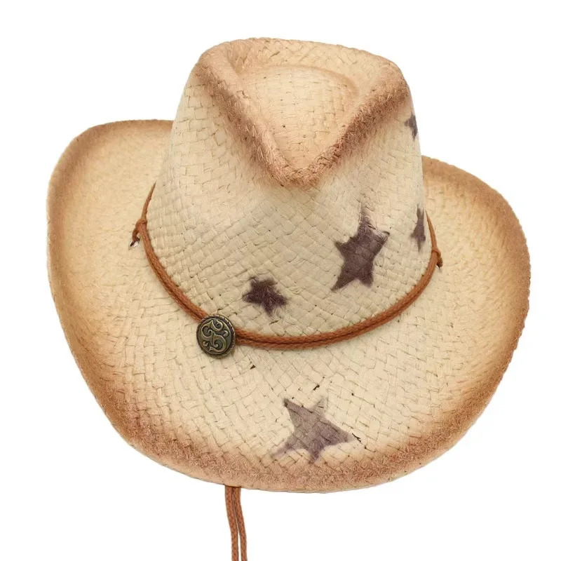 A western denim woven straw hat with a five-pointed star pattern in different colors, suitable for bachelorette parties