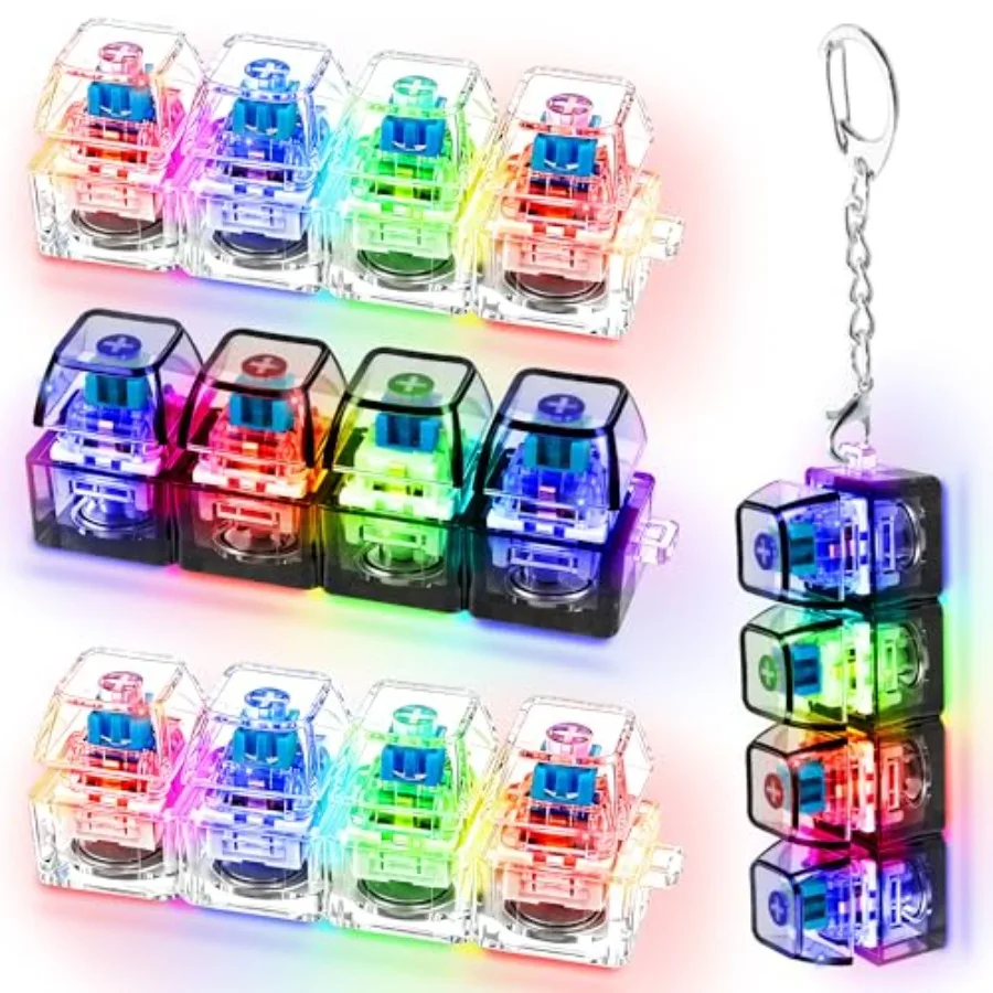 

4 PCS Glow Keyboard Fidget Toy, Keyboard Fidget with LED Light Keychain 4-in-1 Keyboard Decompression Button Finger Clicker Toy
