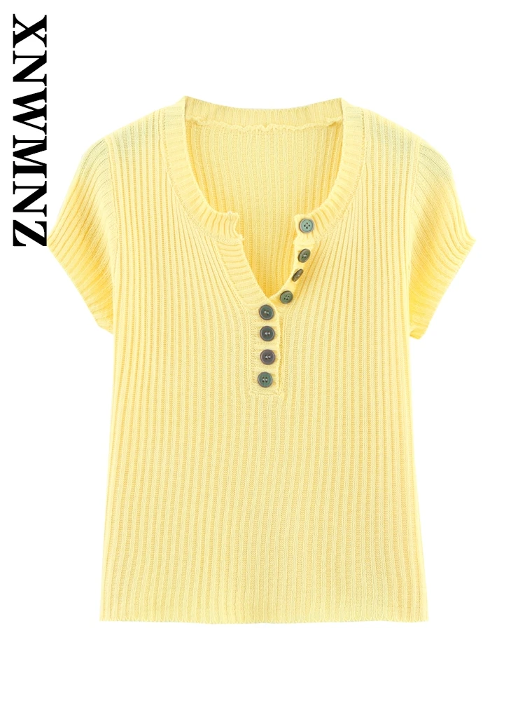 XNWMNZ 2025 Zomer Vrouwelijke Vintage Woon-werkverkeer V-kraag Gebreid T-shirt Casual Lente Vrouw Korte Mouw Trui Mode Trui