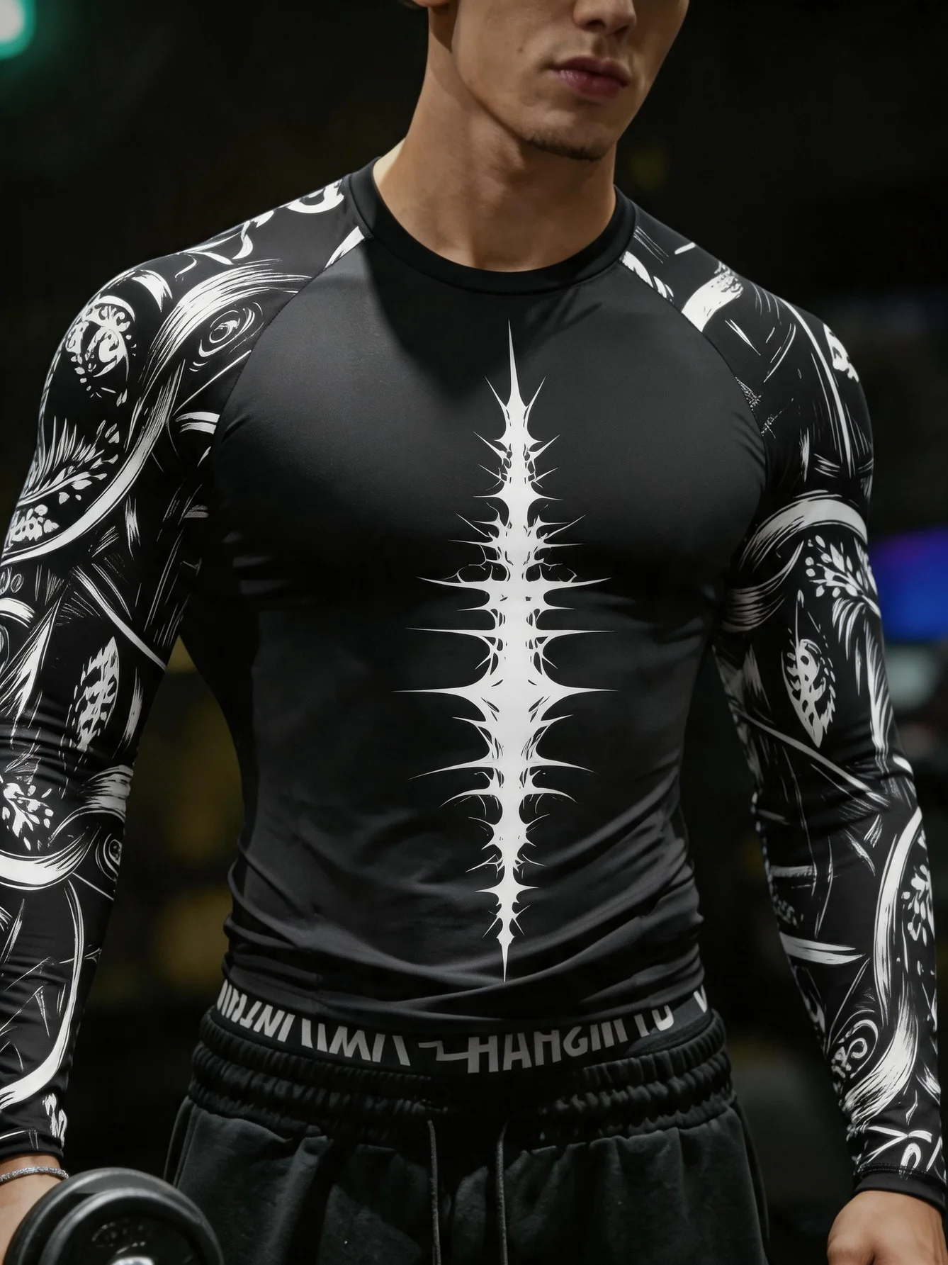 Men's Slim Fitted Long Sleeve Tee Black White Back Thorn Skeleton Print Ribbed Crew Neck Gym Training Wear