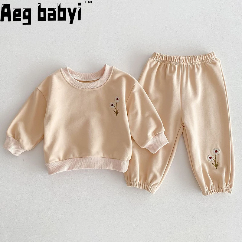 

Korean Baby Clothing Sets Embroider Cotton Kids Boys Girls Clothes Spring Autumn Loose Tracksuit Pullovers Tops+ Pants 2PCS Sets