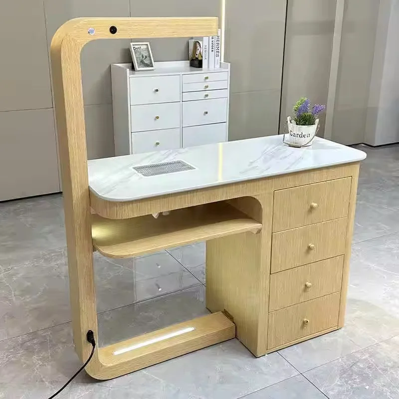 Modern Nail Salon Furniture Manicure Table And Chair Set With Dust Collector And Lamp Luxury White Marble Top